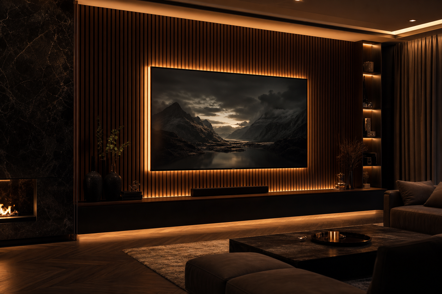 Luxury custom media wall with ambient TV glow lighting