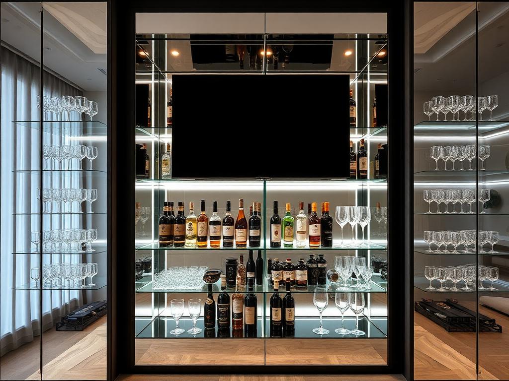 Mirrored Bar Cabinet on a custom media wall