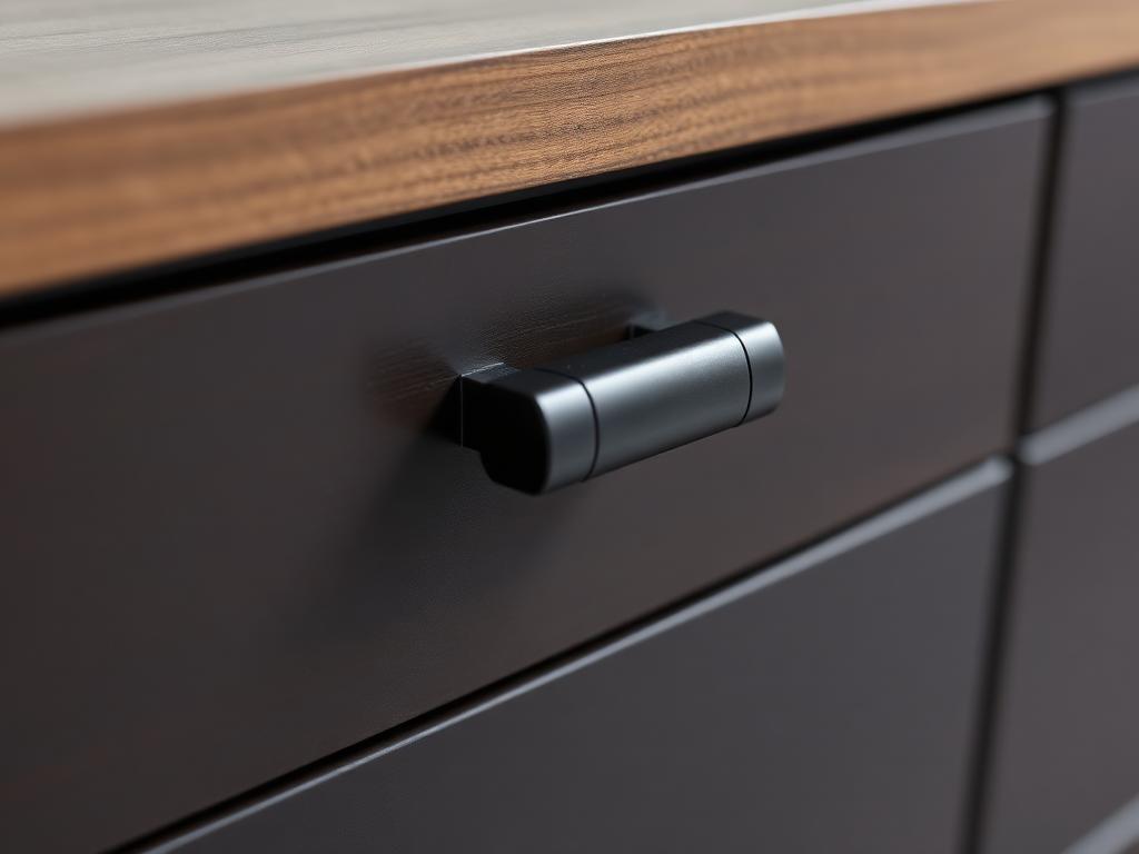 Gunmetal hardware finish on a cabinet drawer