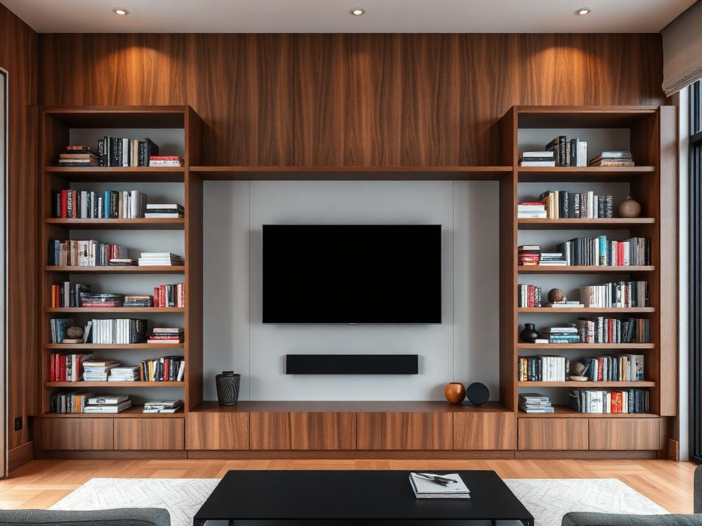 Full-Height Open Shelving on a custom media wall