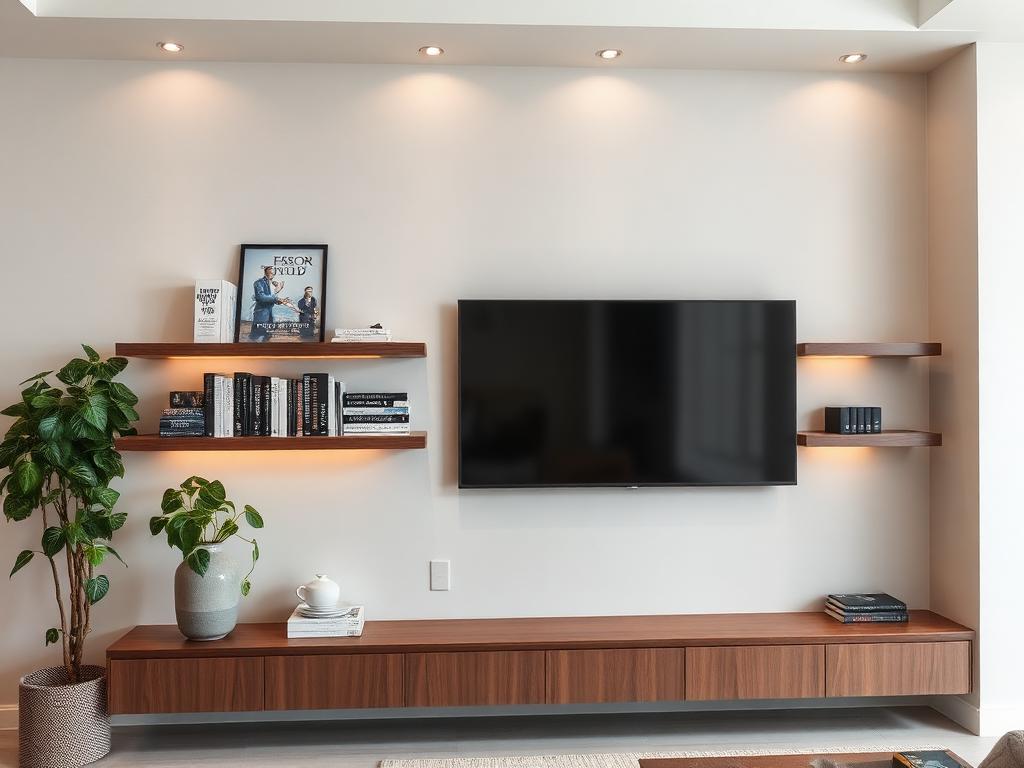 Mid-Level Display Shelves on a custom media wall